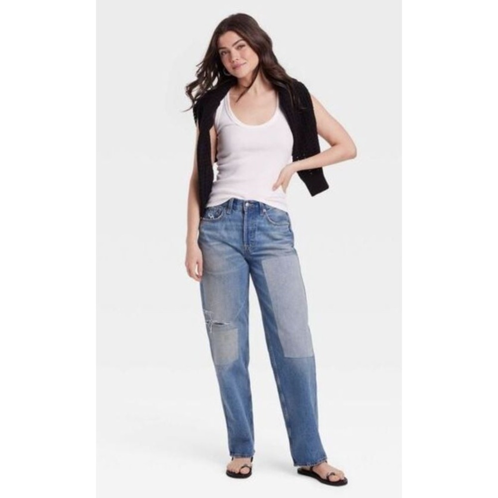 Universal Thread Womens Mid-Rise 90s Baggy Patchwork Button Fly Blue Jean 6Short